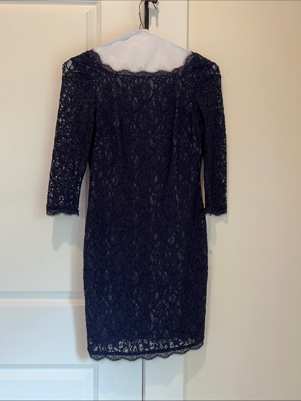 Adrianna Papell Navy Lace Sheath Dress with Three-Quarter Sleeves